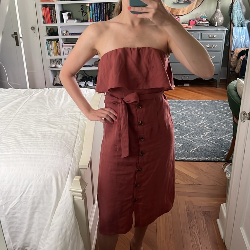 Vici Linen Button Front Strapless Midi Dress - image 1